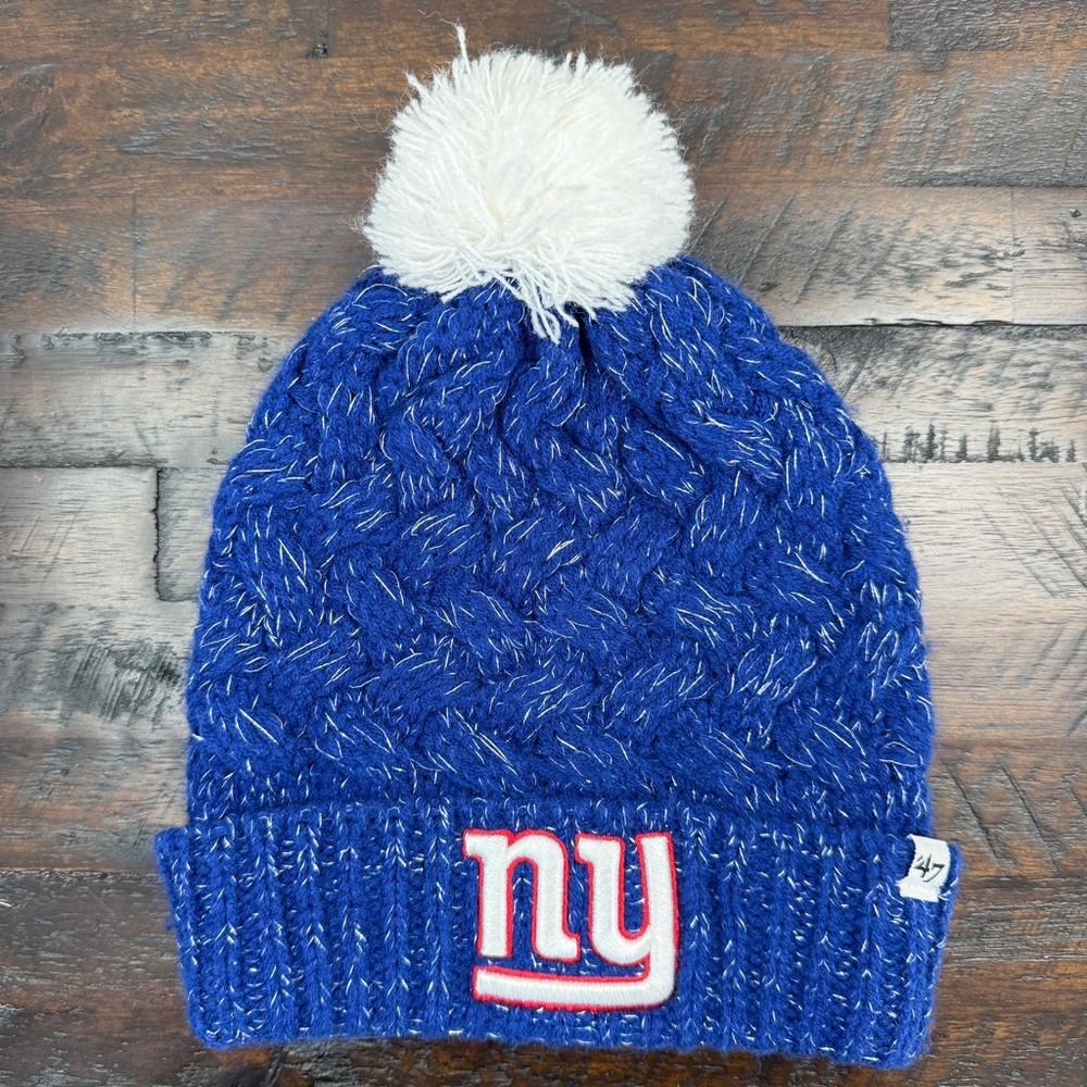 Women's '47 Brand New York Giants Fiona Cuffed Knit Hat with Pom Blue Silver